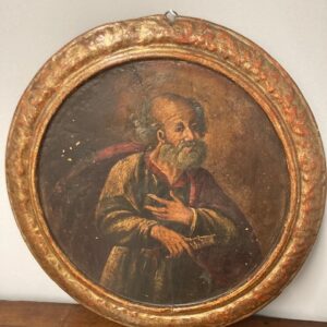 Alternative view of Antico dipinto  tondo olio su tavola epoca XVII San Pietro in patina con cornice coeva. Cm 47