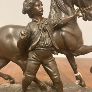 Alternative view of Antica scultura in antimonio epoca fine 800 raffigurante cavallo con personaggio . Mis 24 x 24