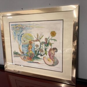 Alternative view of Incisione  surrealista acquerellata Gordon Faggetter 1976 in cornice ottonata lucida.  Mis 76 x cm 63