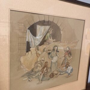 Alternative view of Antico Dipinto acquarello “Scena teatrale “ PRIMI 900 mis63 x 58