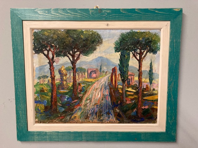 Antico dipinto viale alberato anni 40 olio su tela materico. Bellissimo . Mis 80 x 71