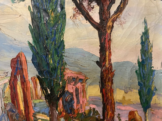 Antico dipinto viale alberato anni 40 olio su tela materico. Bellissimo . Mis 80 x 71 - immagine 4