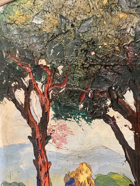 Antico dipinto viale alberato anni 40 olio su tela materico. Bellissimo . Mis 80 x 71 - immagine 8