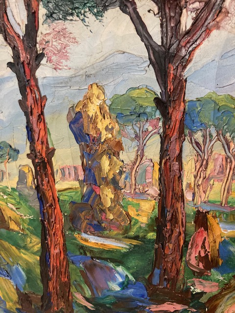 Antico dipinto viale alberato anni 40 olio su tela materico. Bellissimo . Mis 80 x 71 - immagine 9