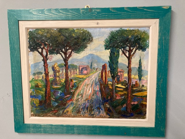 Antico dipinto viale alberato anni 40 olio su tela materico. Bellissimo . Mis 80 x 71 - immagine 11