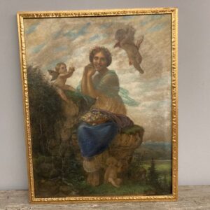 Antico grande dipinto Liberty art nouveau 1930 “ Contadina e Putti “  dipinto a pastello cm 86 x 69 in cornice coeva .