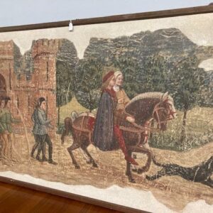 Antico DIPINTO strappo d’ affresco raffiguranti Nobili a Cavallo e Castello . Umberto Giunti Siena. Epoca XX SEC MIS 131 X 74