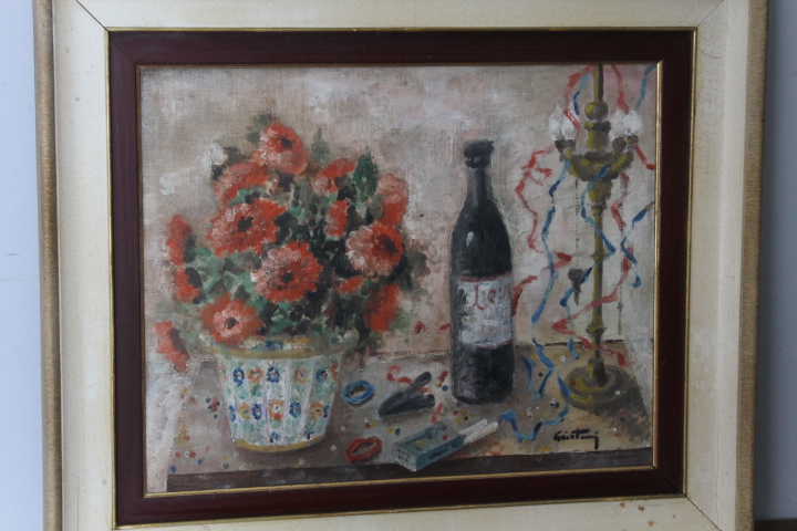 Antico dipinto olio su tela . Liberty Natura morta scuola italiana firmato . Mis 68 x 59 - immagine 2