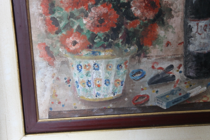 Antico dipinto olio su tela . Liberty Natura morta scuola italiana firmato . Mis 68 x 59 - immagine 3