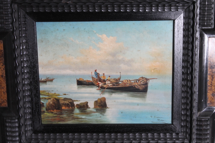 Antico dipinto primi 900 olio su tavola marina “Pescatori “ P. Barucci Roma . Mis 58 x52