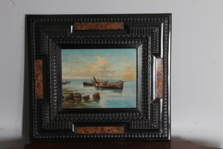 Antico dipinto primi 900 olio su tavola marina “Pescatori “ P. Barucci Roma . Mis 58 x52 - immagine 2