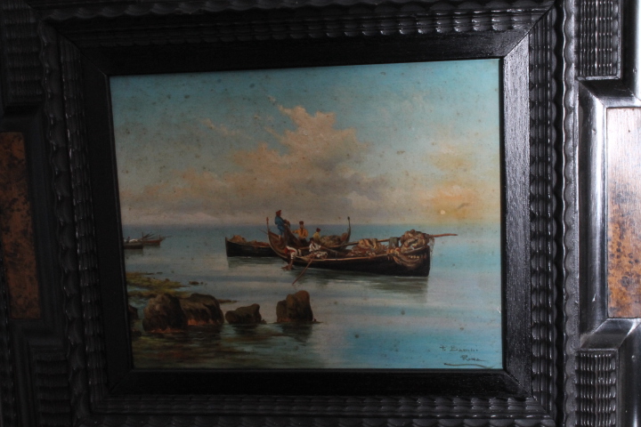 Antico dipinto primi 900 olio su tavola marina “Pescatori “ P. Barucci Roma . Mis 58 x52 - immagine 3