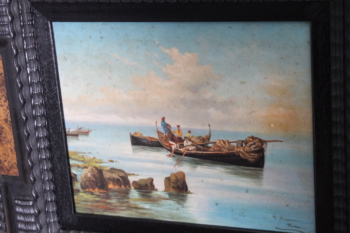 Antico dipinto primi 900 olio su tavola marina “Pescatori “ P. Barucci Roma . Mis 58 x52 - immagine 5