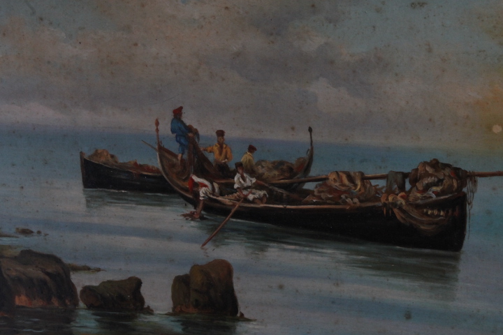 Antico dipinto primi 900 olio su tavola marina “Pescatori “ P. Barucci Roma . Mis 58 x52 - immagine 7