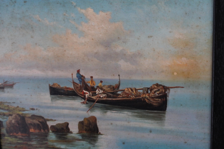 Antico dipinto primi 900 olio su tavola marina “Pescatori “ P. Barucci Roma . Mis 58 x52 - immagine 8