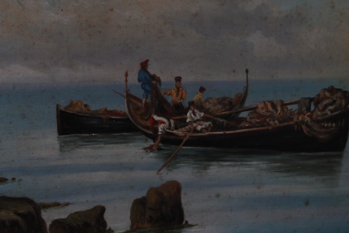 Antico dipinto primi 900 olio su tavola marina “Pescatori “ P. Barucci Roma . Mis 58 x52 - immagine 13