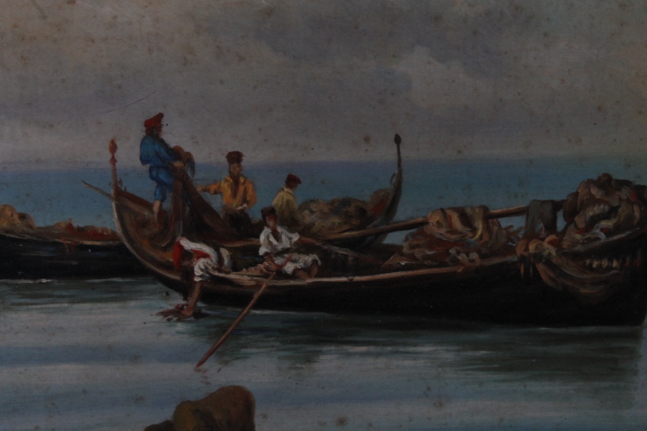 Antico dipinto primi 900 olio su tavola marina “Pescatori “ P. Barucci Roma . Mis 58 x52 - immagine 14