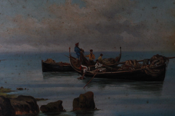 Antico dipinto primi 900 olio su tavola marina “Pescatori “ P. Barucci Roma . Mis 58 x52 - immagine 15