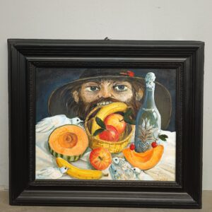 Olio su cartone "Uomo Mangiafrutta" arte contemporanea XX sec., mis., h57, l60, p2, solo tela 45x52