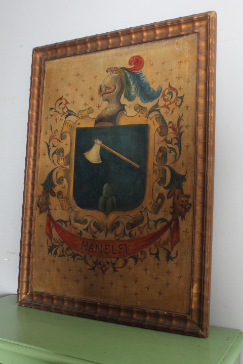 Antico dipinto olio su tela stemma famiglia Manelfi XVIII sec MIS 108 X 80