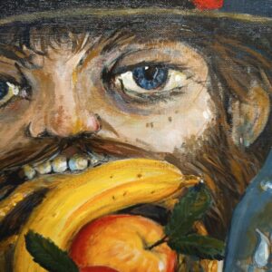 Alternative view of Olio su cartone "Uomo Mangiafrutta" arte contemporanea XX sec., mis., h57, l60, p2, solo tela 45x52