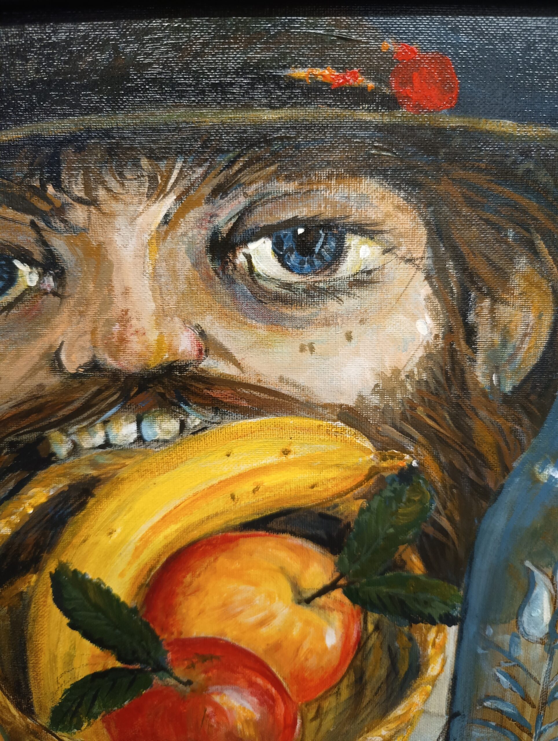 Olio su cartone "Uomo Mangiafrutta" arte contemporanea XX sec., mis., h57, l60, p2, solo tela 45x52 - immagine 2