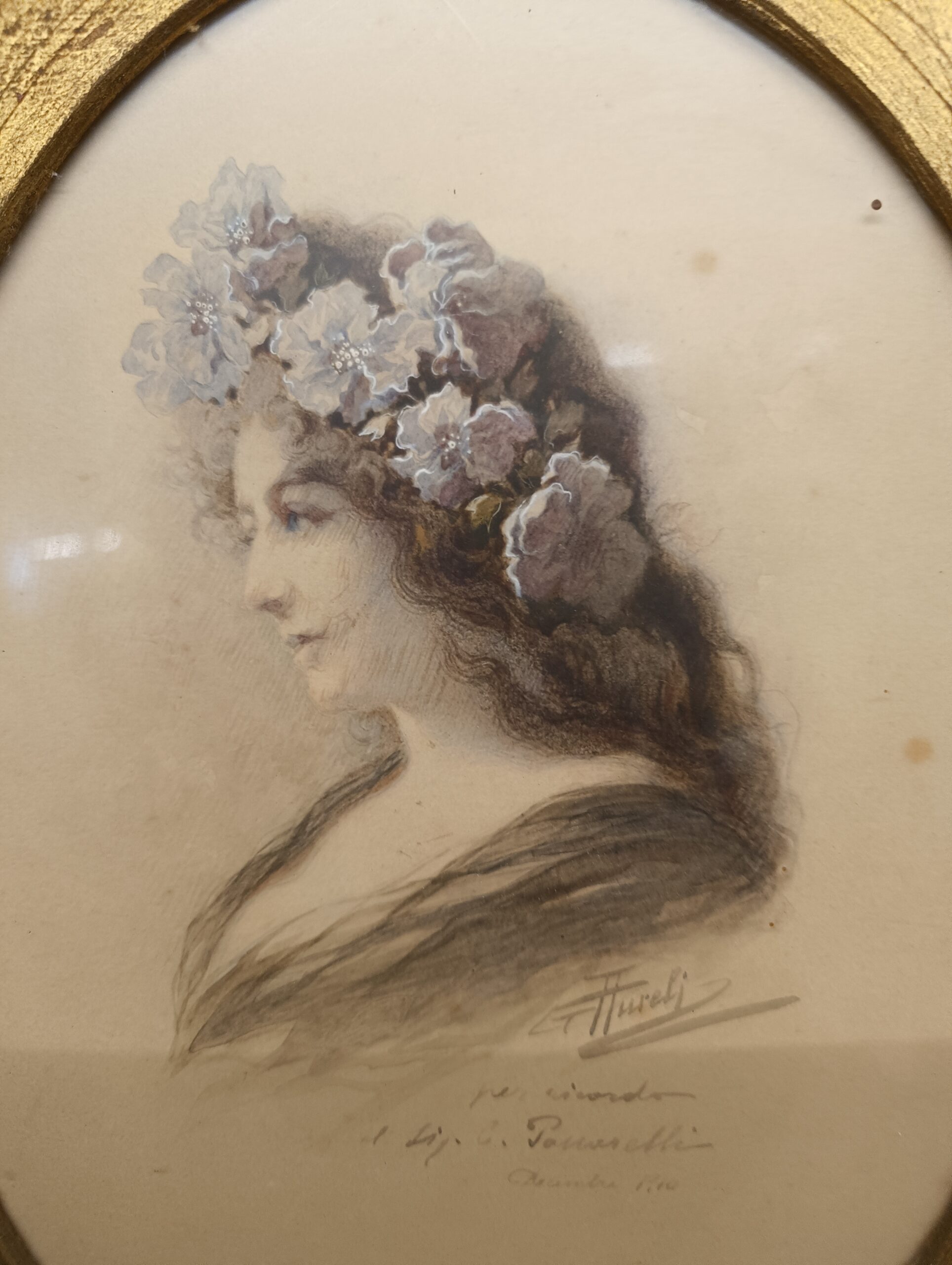 Dipinto ad acquerello, dama di profilo, stile Liberty, autore Giuseppe Aureli, Roma, 1910, mis., h38, l29, p2, solo tela 35x26 - immagine 2