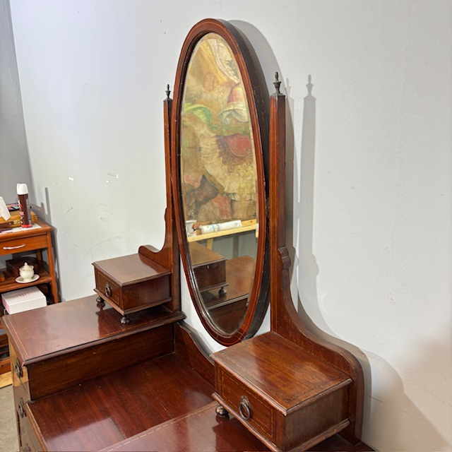 Antica cassettiera toilette inglese mogano e intarsi XIX secolo . Specchio Basculante. Mis 68 x 45 . h 142 - immagine 6