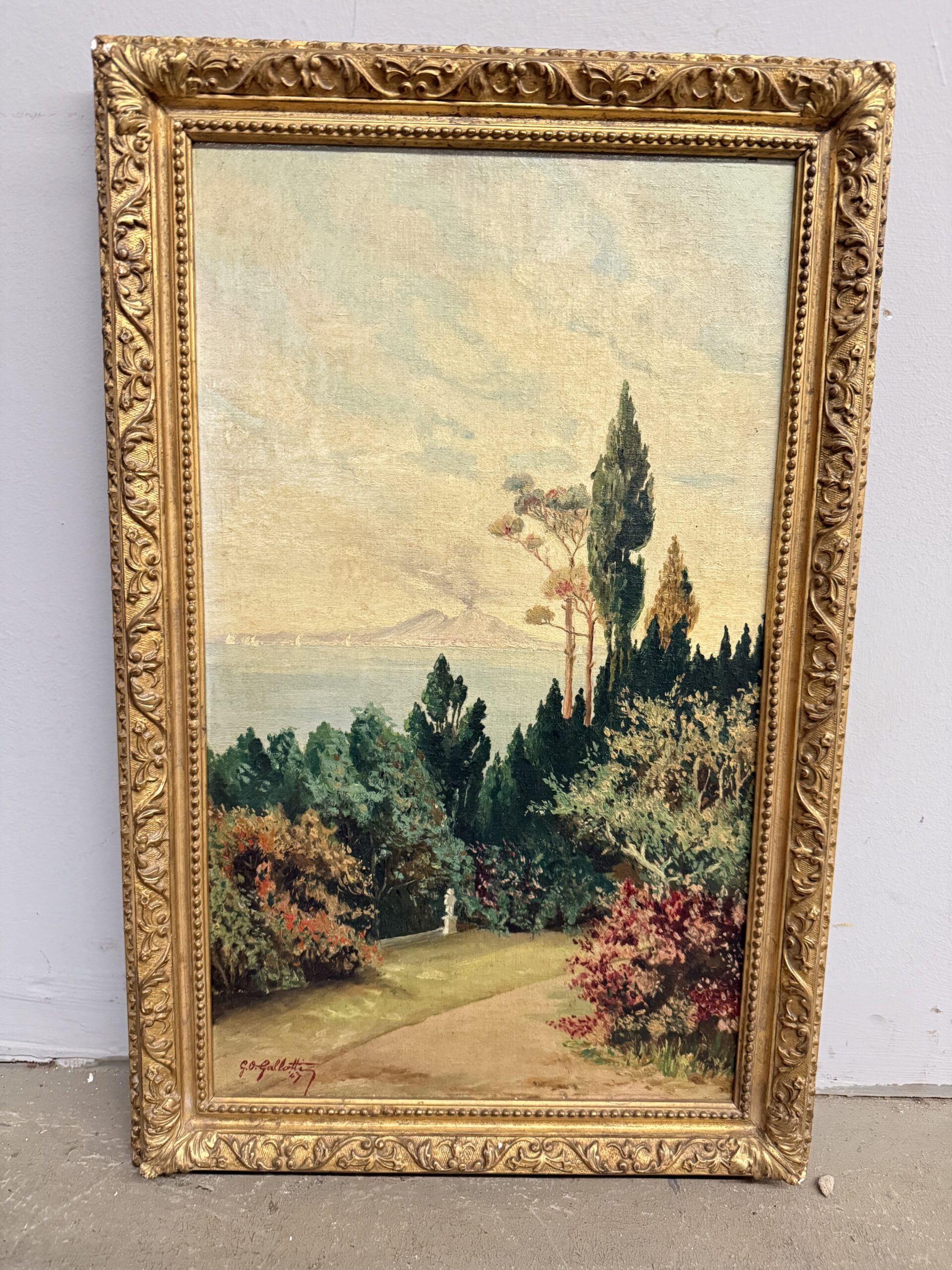 Antico dipinto olio su tavoletta Napoli, Vesuvio 1947, Gallotti, mis 58x37 cm