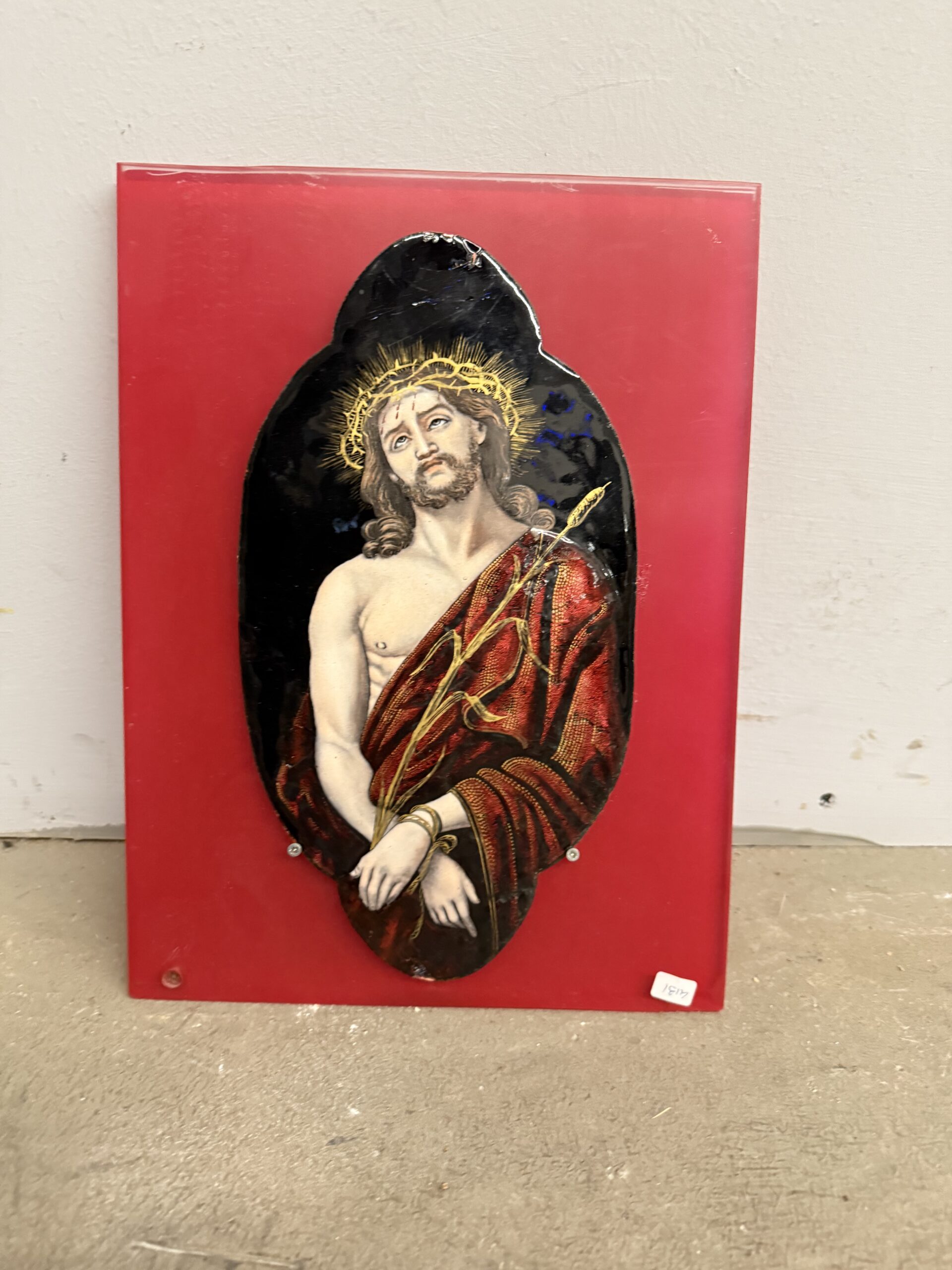 Antica placca metà '800 dipinta smalto Limoges raffigurante Cristo 28x15cm