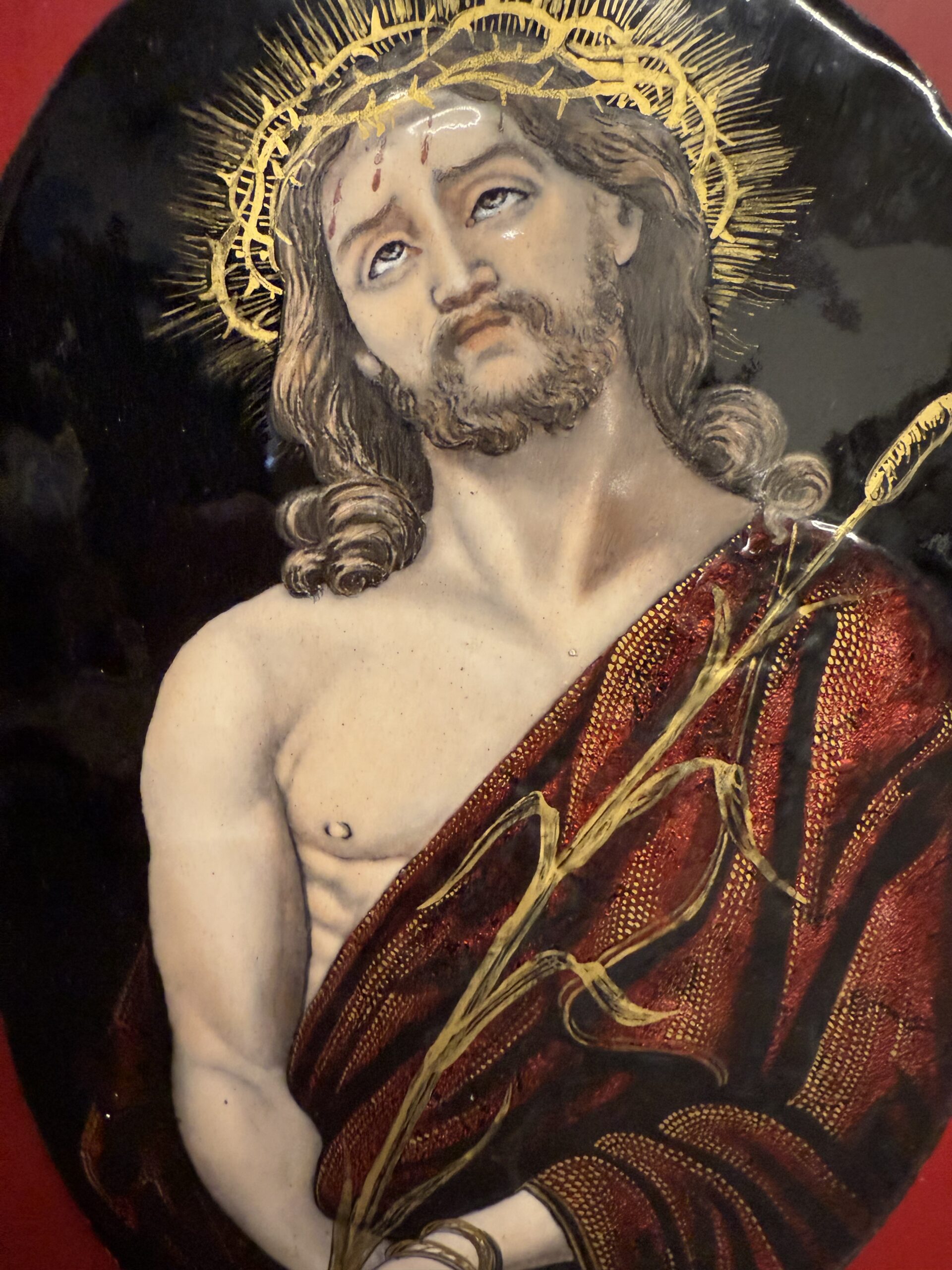 Antica placca metà '800 dipinta smalto Limoges raffigurante Cristo 28x15cm - immagine 6