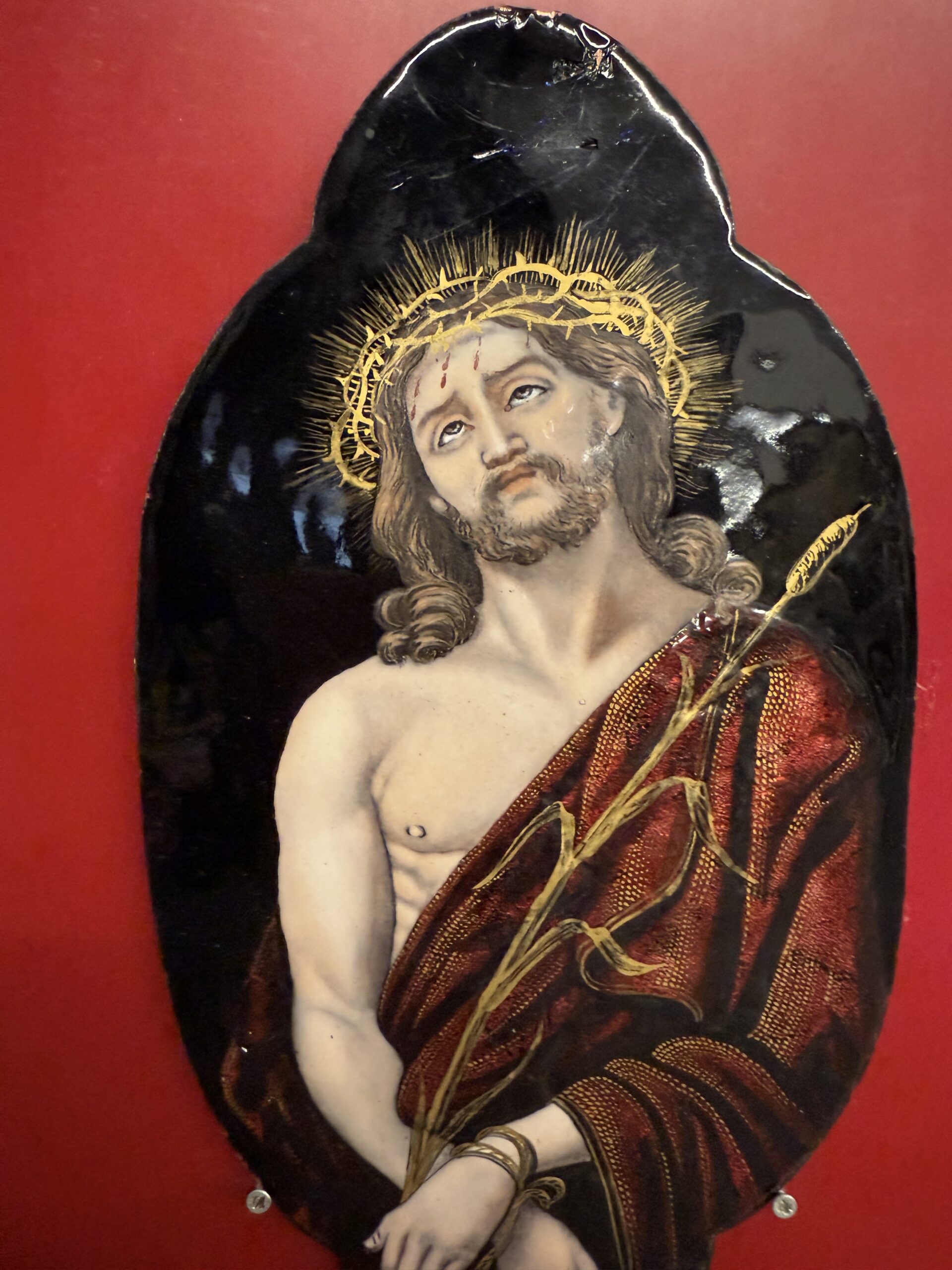 Antica placca metà '800 dipinta smalto Limoges raffigurante Cristo 28x15cm - immagine 7