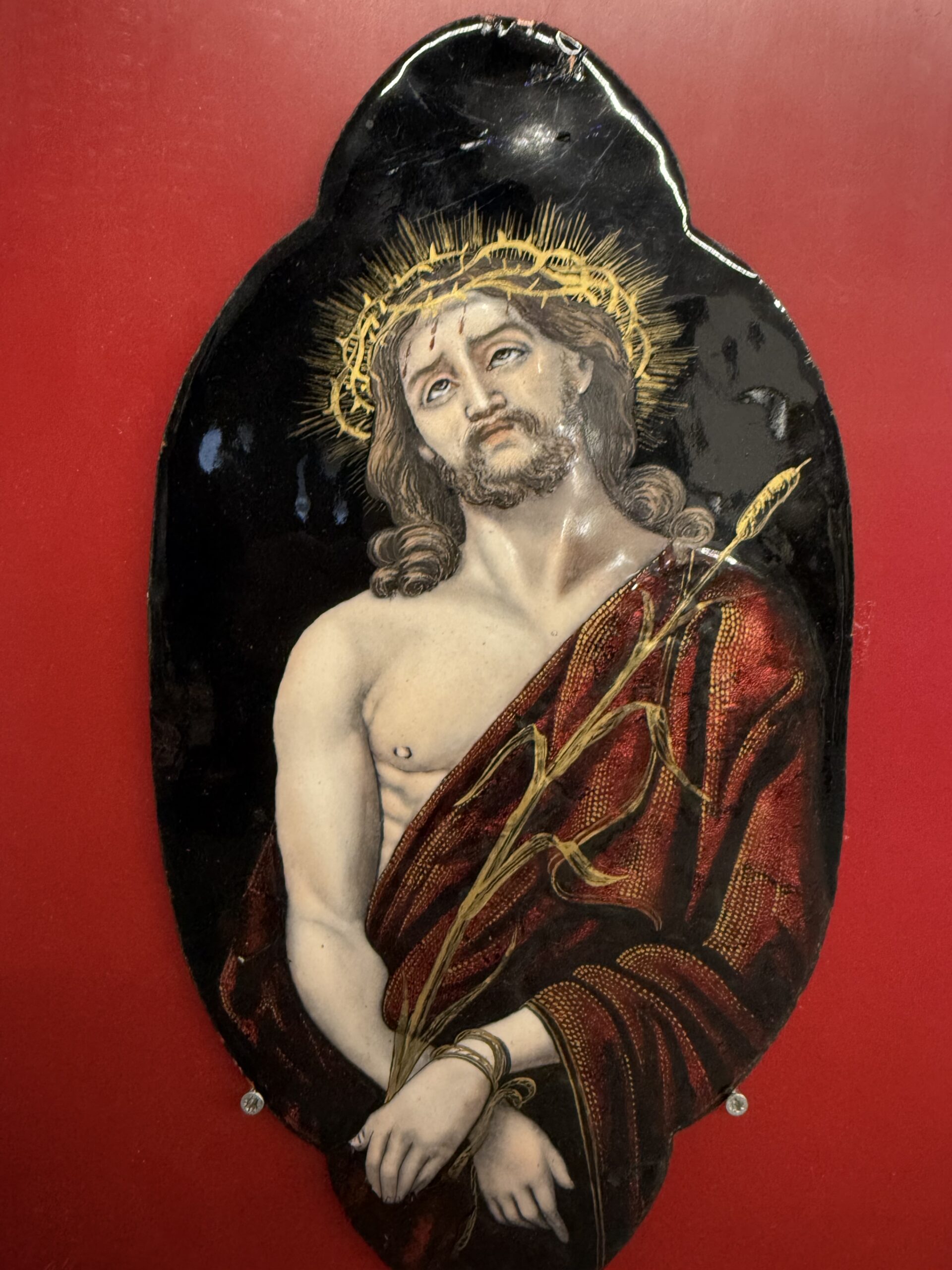 Antica placca metà '800 dipinta smalto Limoges raffigurante Cristo 28x15cm - immagine 8