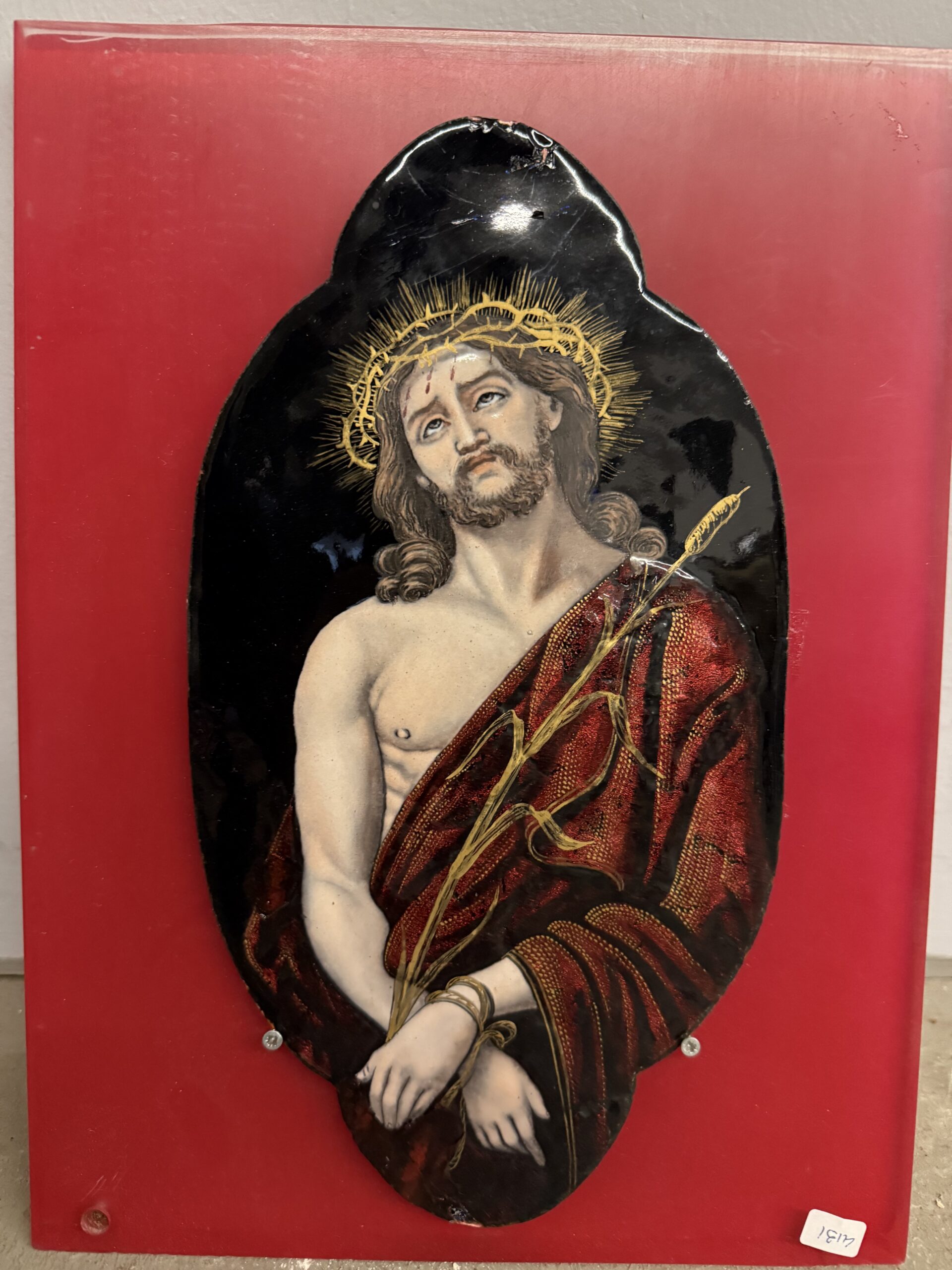 Antica placca metà '800 dipinta smalto Limoges raffigurante Cristo 28x15cm - immagine 9