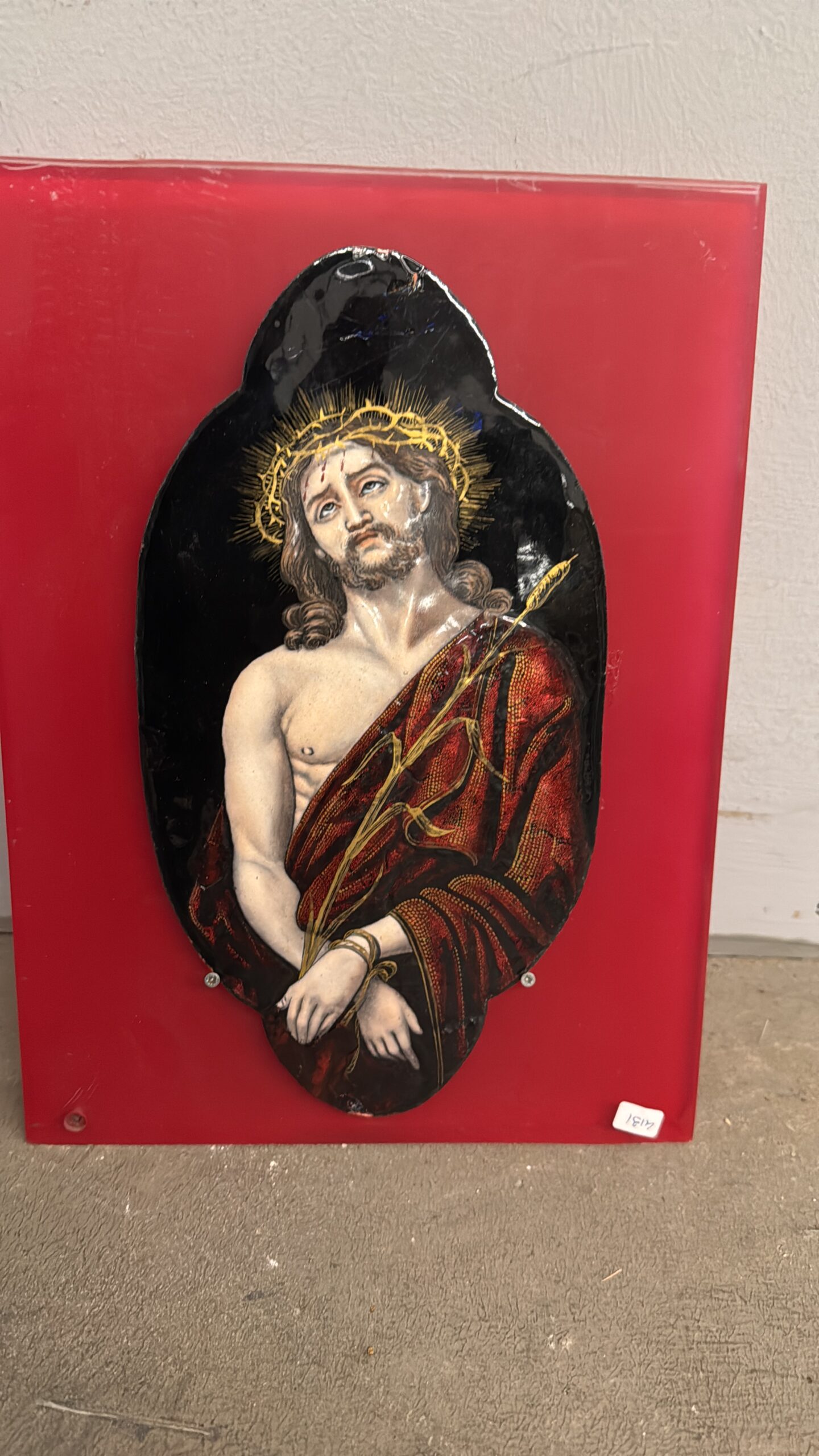 Antica placca metà '800 dipinta smalto Limoges raffigurante Cristo 28x15cm - immagine 10