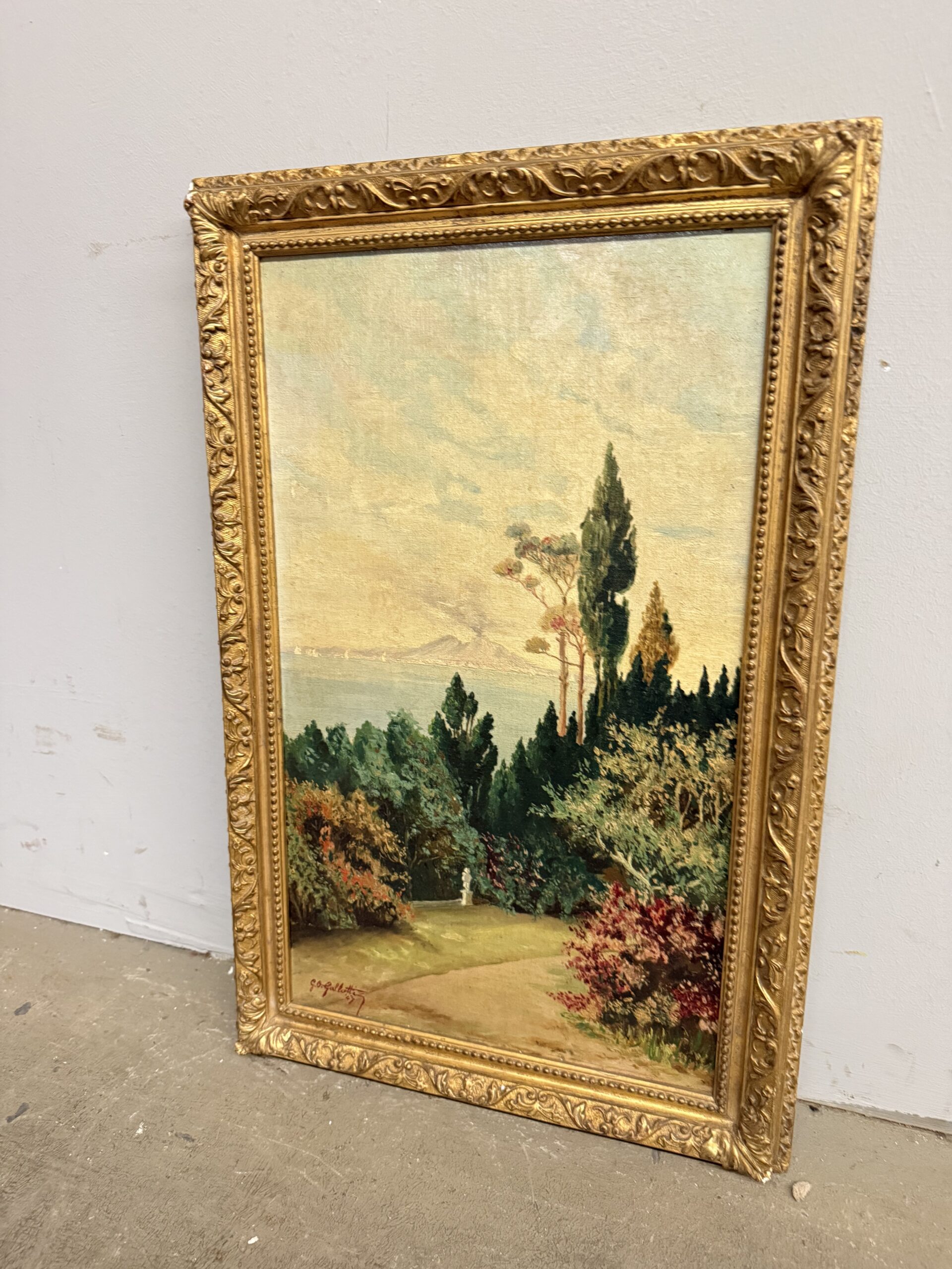 Antico dipinto olio su tavoletta Napoli, Vesuvio 1947, Gallotti, mis 58x37 cm - immagine 3