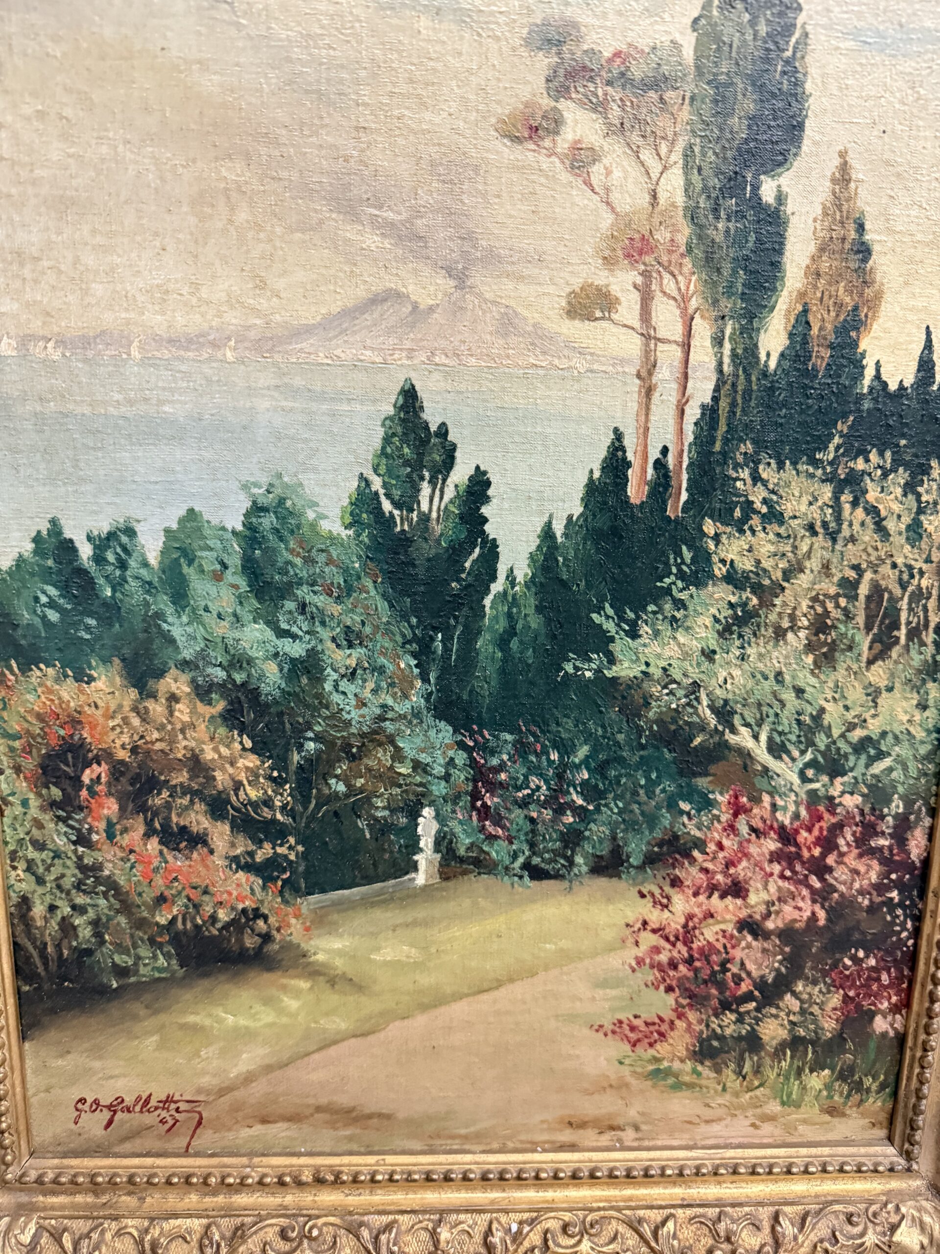 Antico dipinto olio su tavoletta Napoli, Vesuvio 1947, Gallotti, mis 58x37 cm - immagine 6