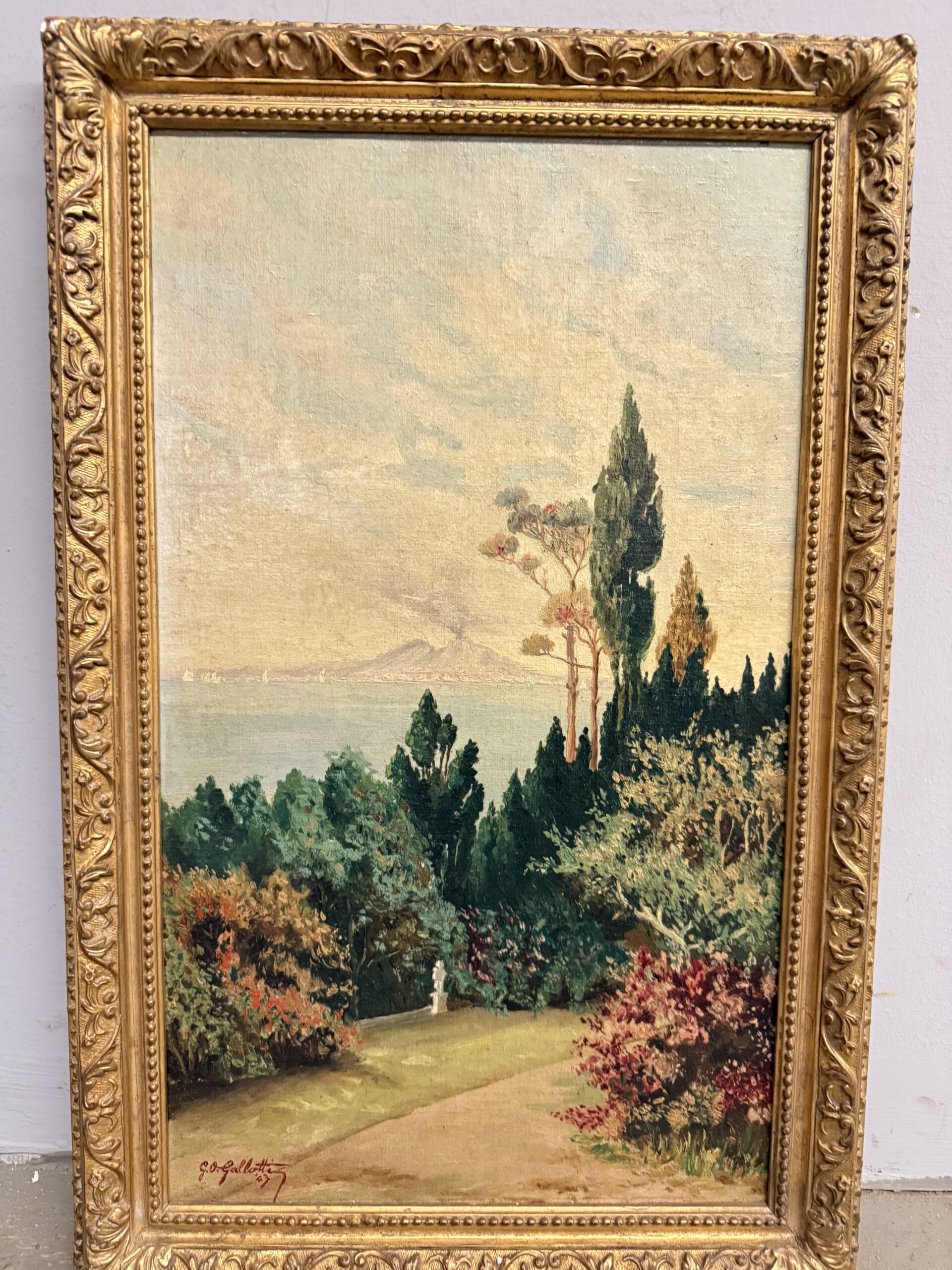 Antico dipinto olio su tavoletta Napoli, Vesuvio 1947, Gallotti, mis 58x37 cm - immagine 8
