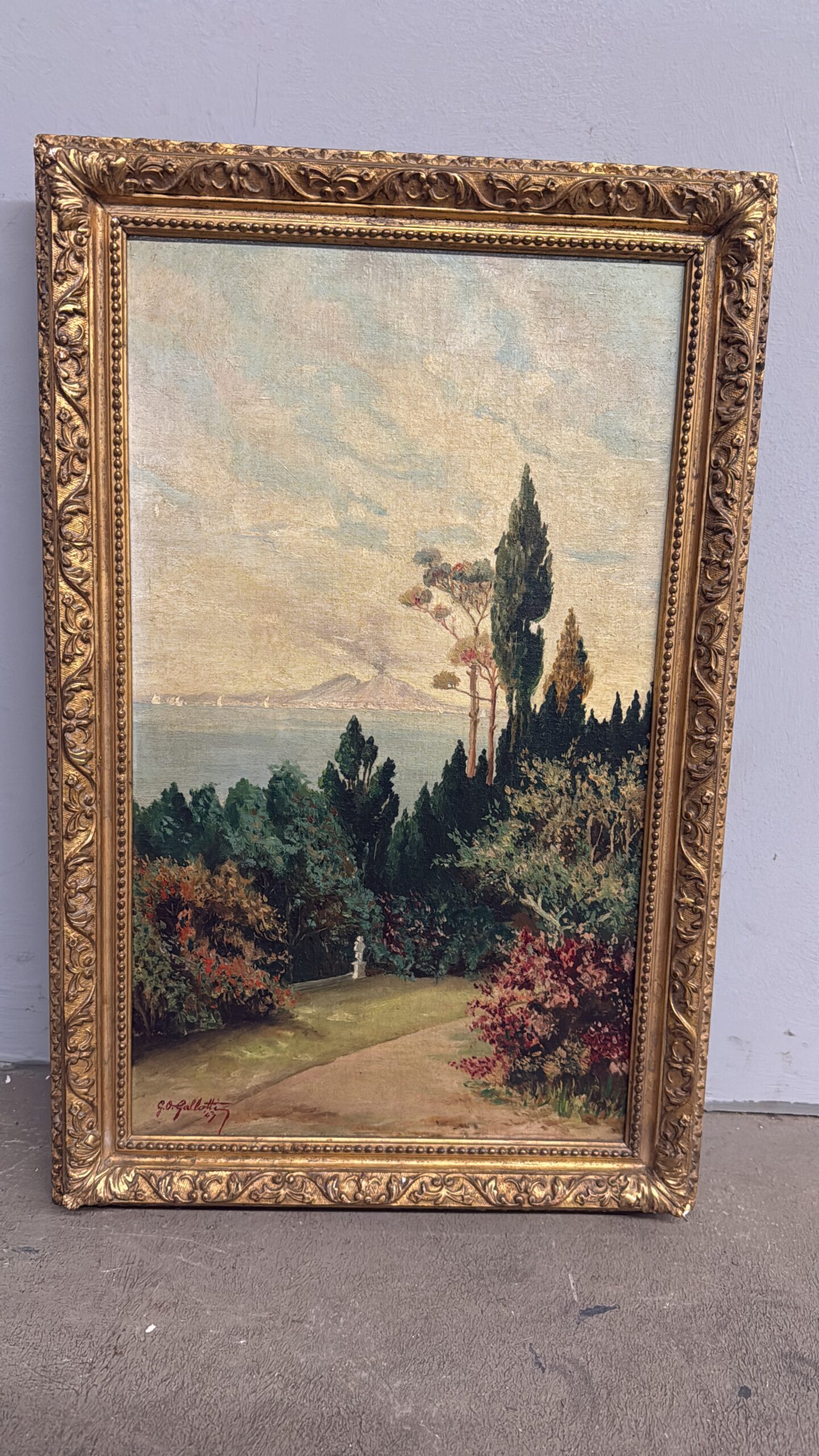 Antico dipinto olio su tavoletta Napoli, Vesuvio 1947, Gallotti, mis 58x37 cm - immagine 9