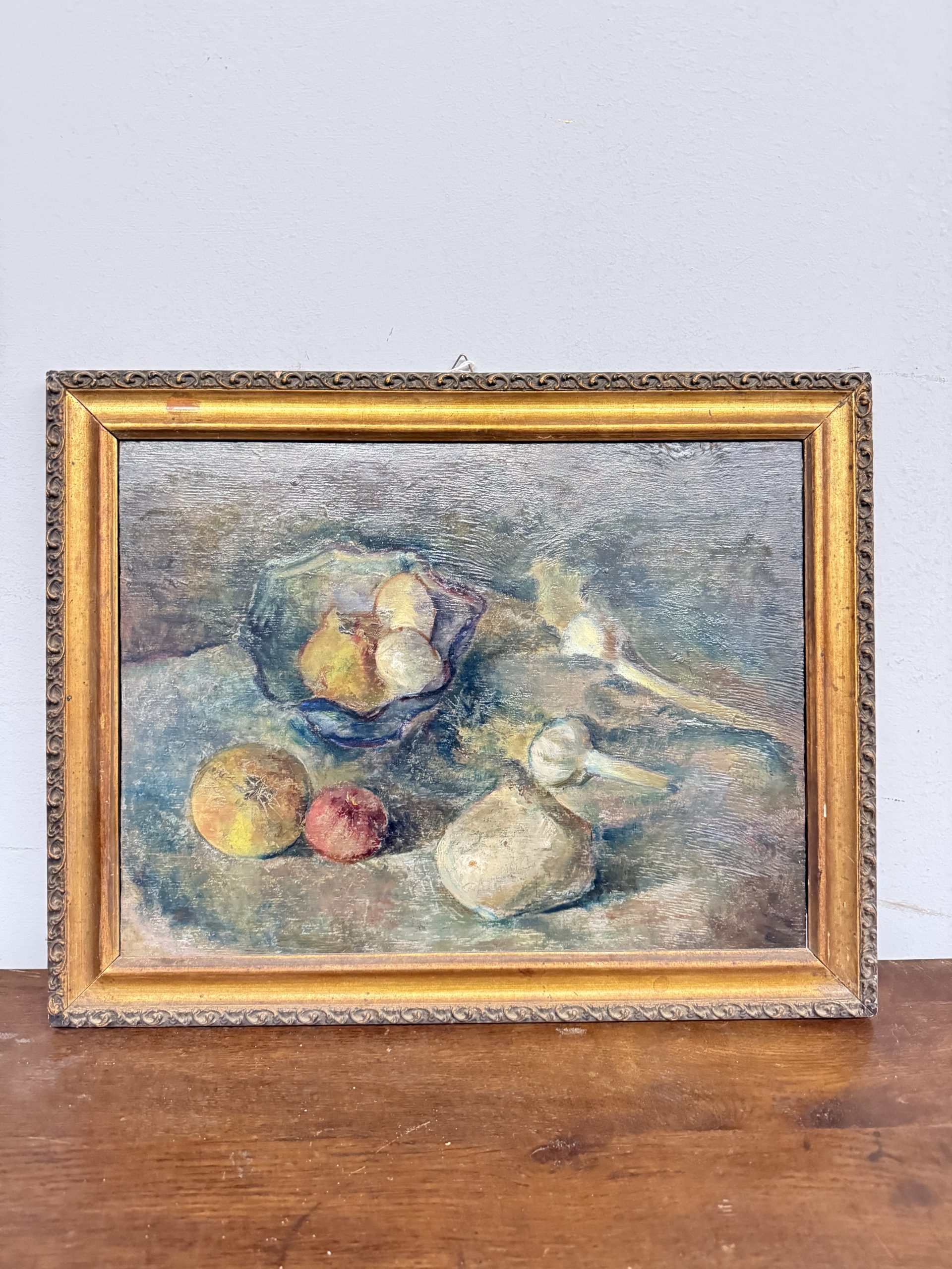 Antico dipinto ad olio, Manfredini, 1944, Trieste, natura morta, 47x38 cm