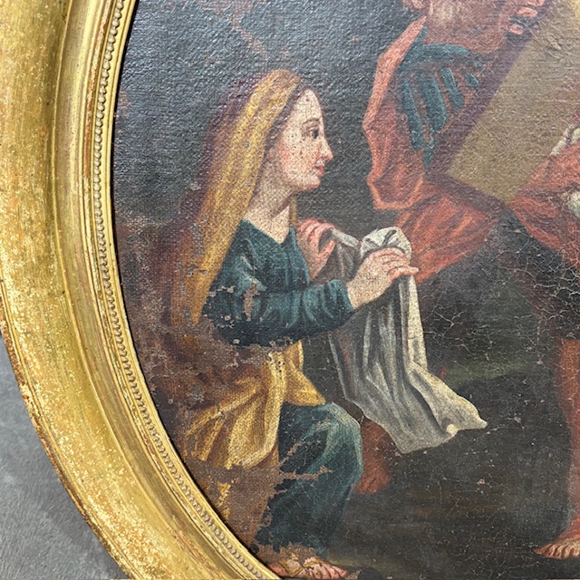 Antico dipinto olio su tela Ovale XVIII sec Gesù e il Cireneo. Cornice foglia oro . Mis 88 x cm 76 - immagine 3