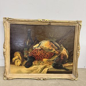 Antico olio su tavola raffigurante natura morta e cacciagione 1940, 42x51cm
