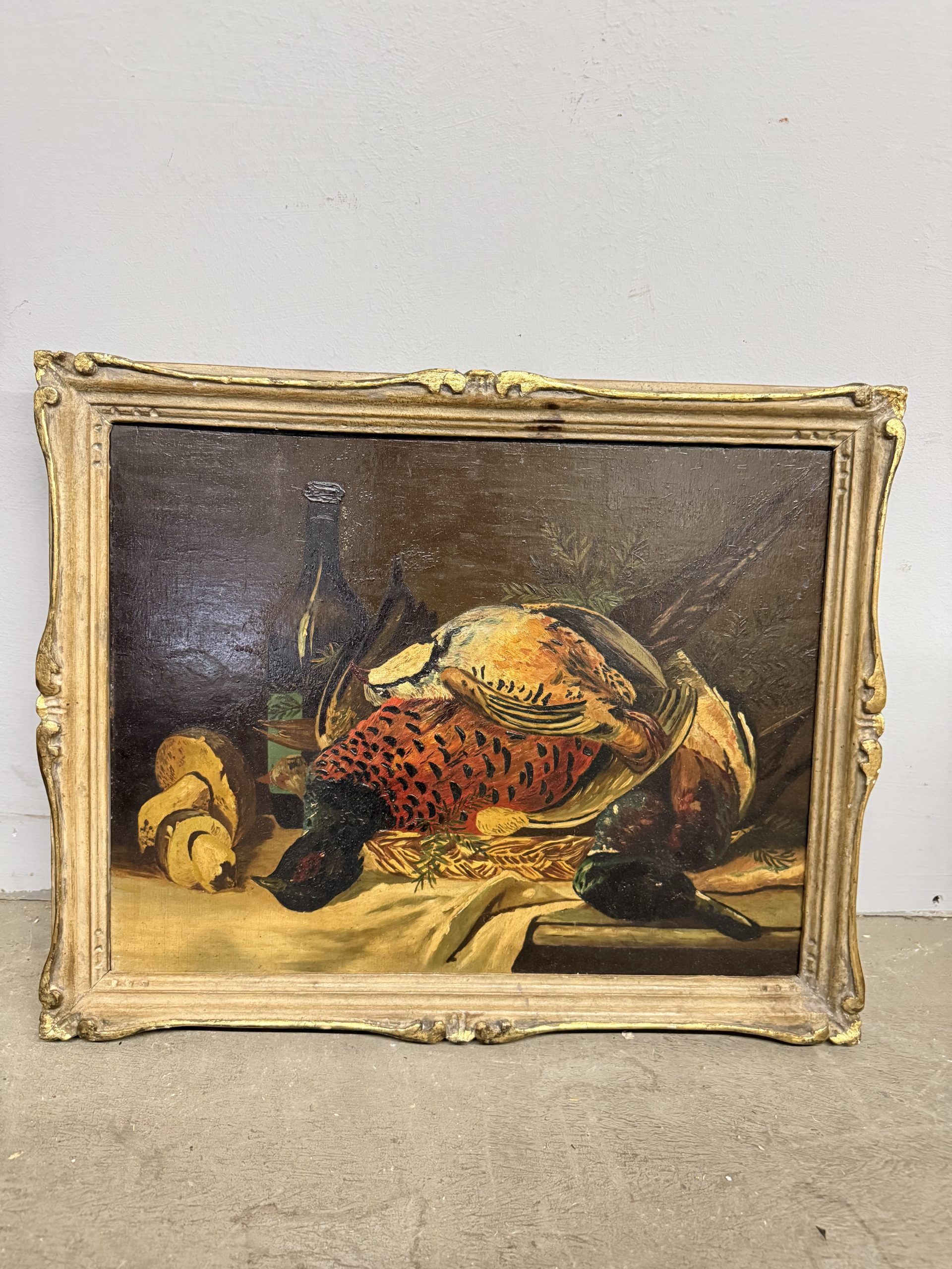 Antico olio su tavola raffigurante natura morta e cacciagione 1940, 42x51cm