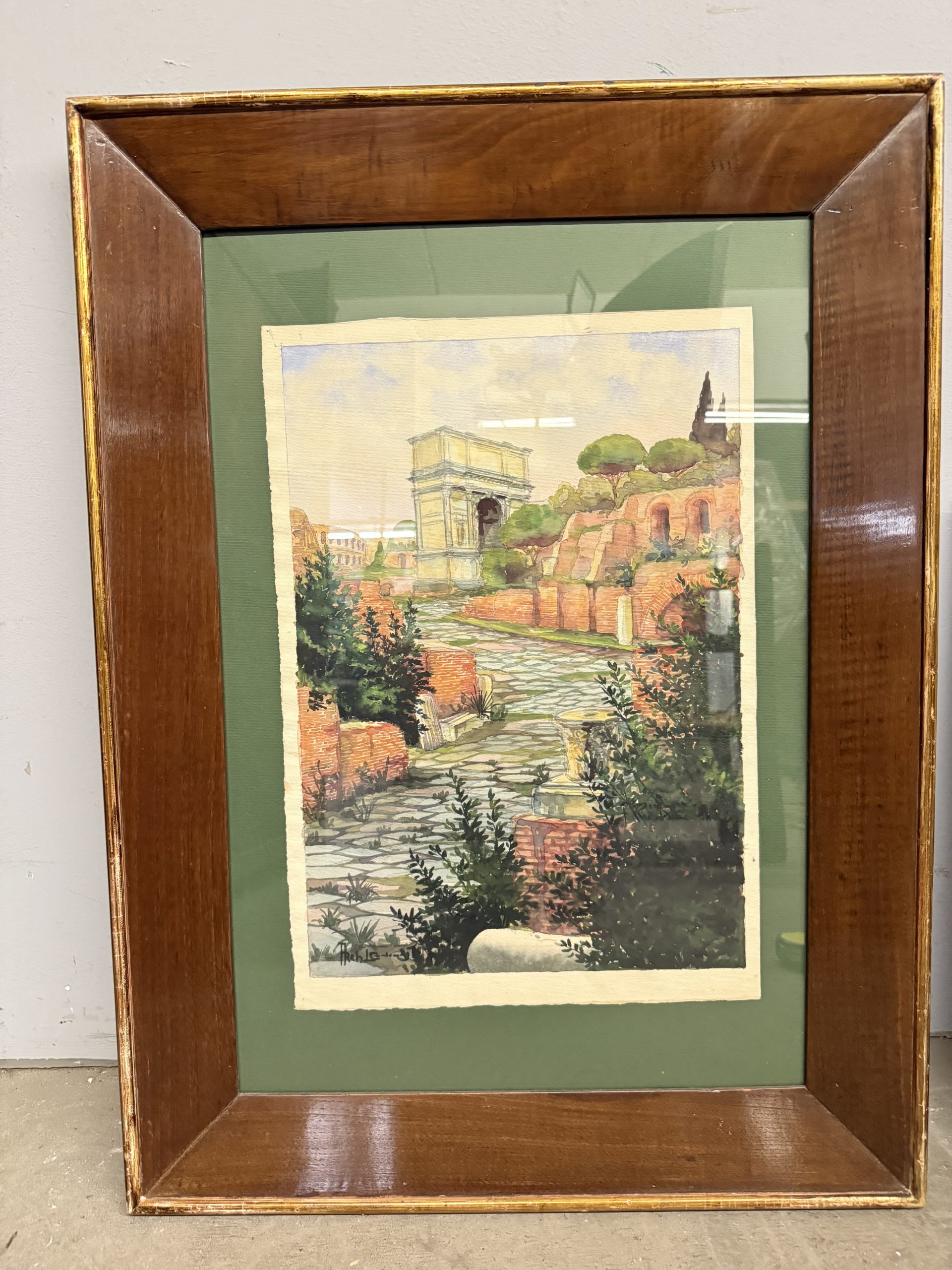 Antico dipinto ad acquarello fori romani. Roma XIX sec., 64x44 cm