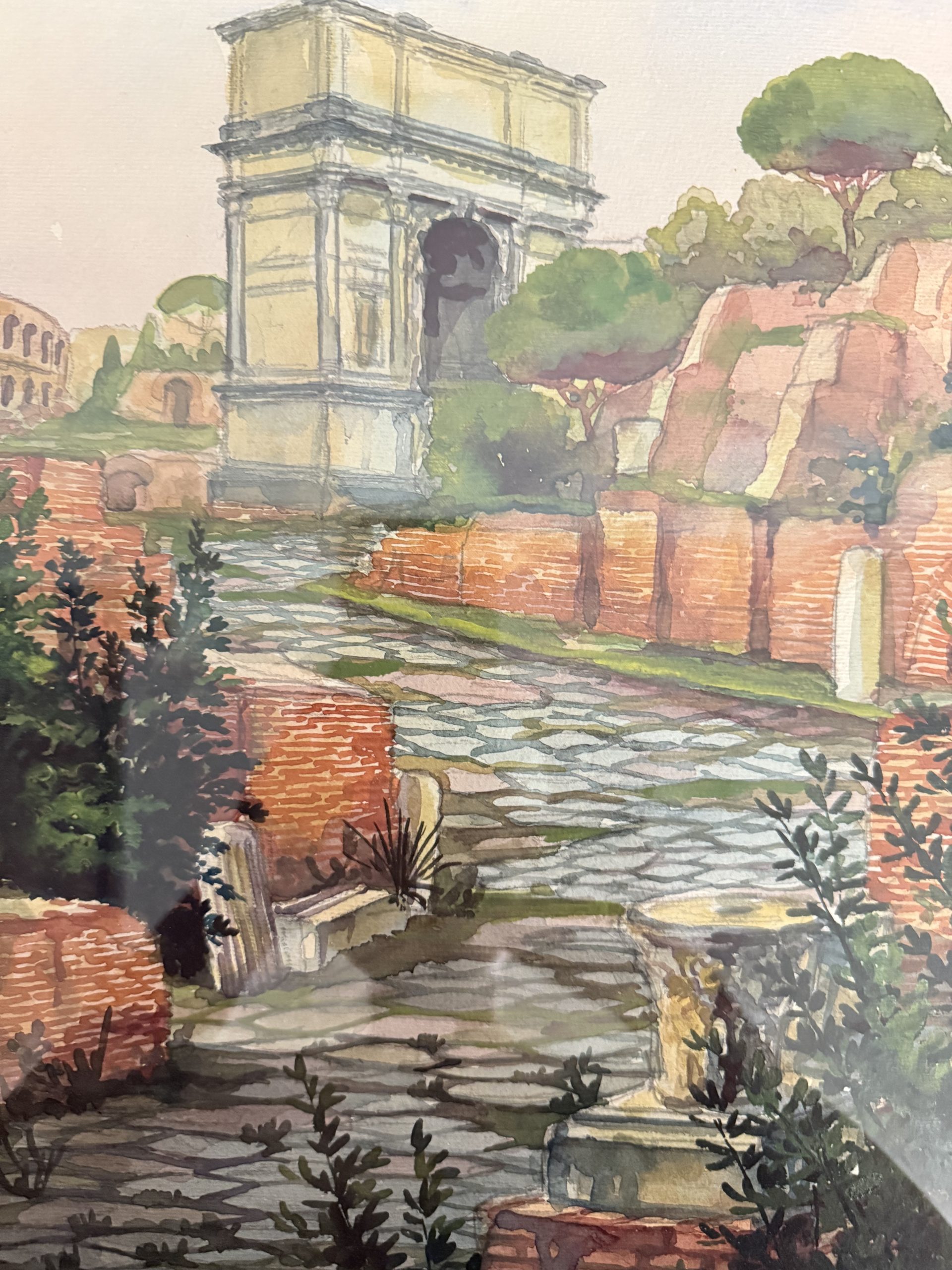 Antico dipinto ad acquarello fori romani. Roma XIX sec., 64x44 cm - immagine 3