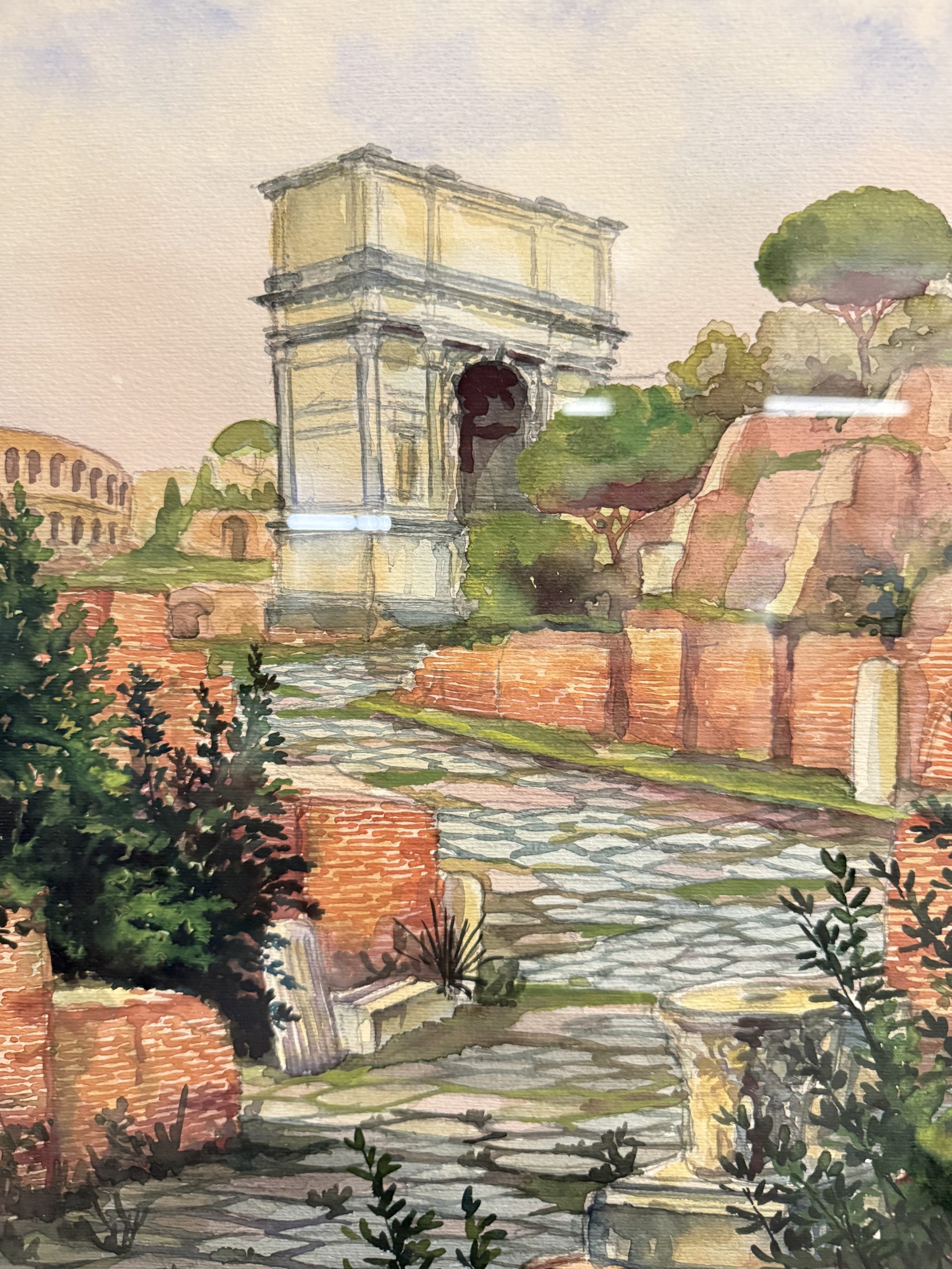 Antico dipinto ad acquarello fori romani. Roma XIX sec., 64x44 cm - immagine 9