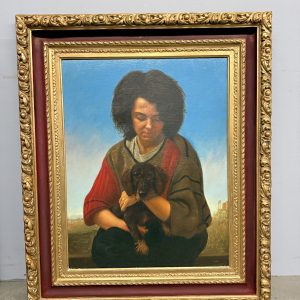 Olio su tela, ragazza e cagnolino 1987 Giancarlo Pignataro, 98x82cm