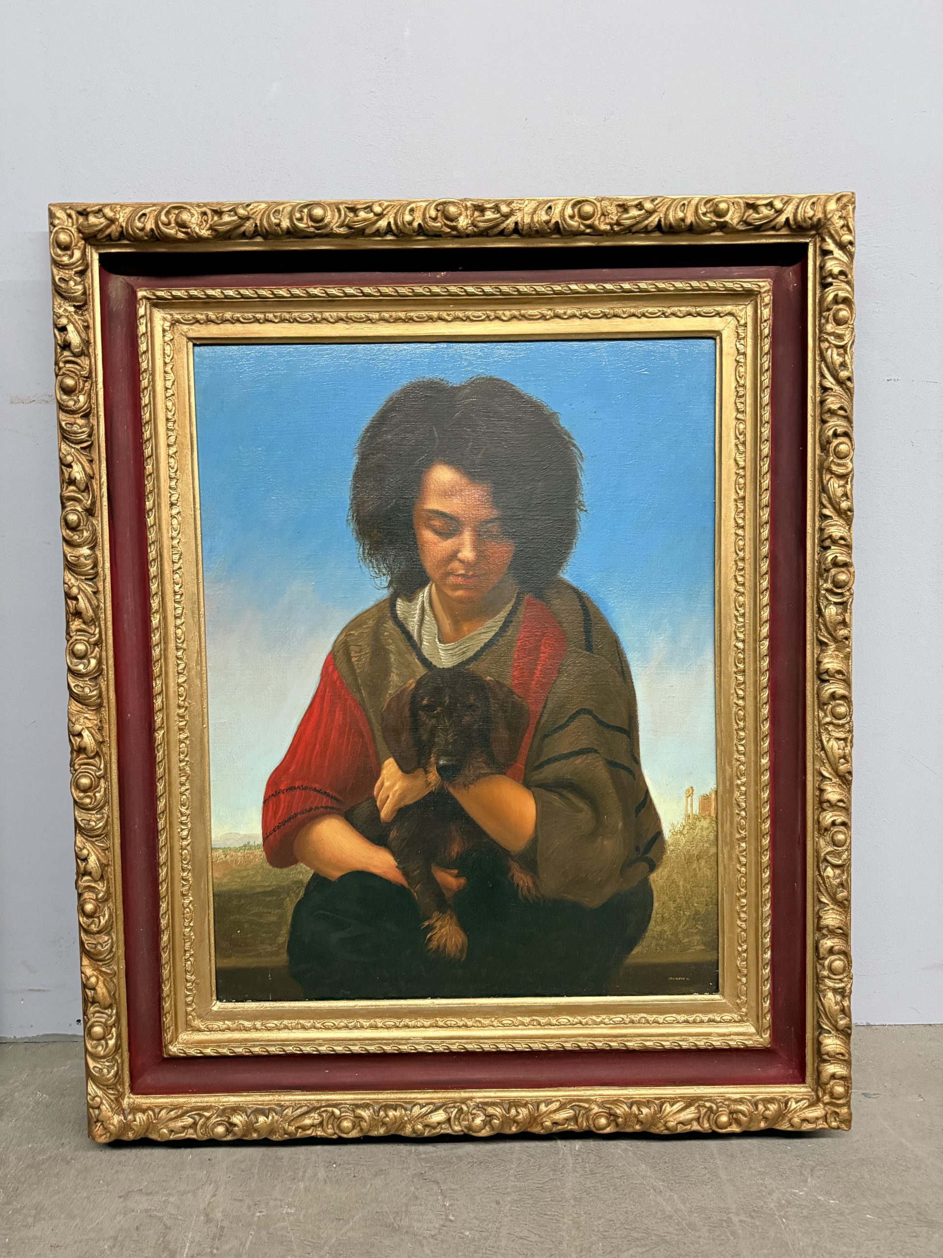 Olio su tela, ragazza e cagnolino 1987 Giancarlo Pignataro, 98x82cm