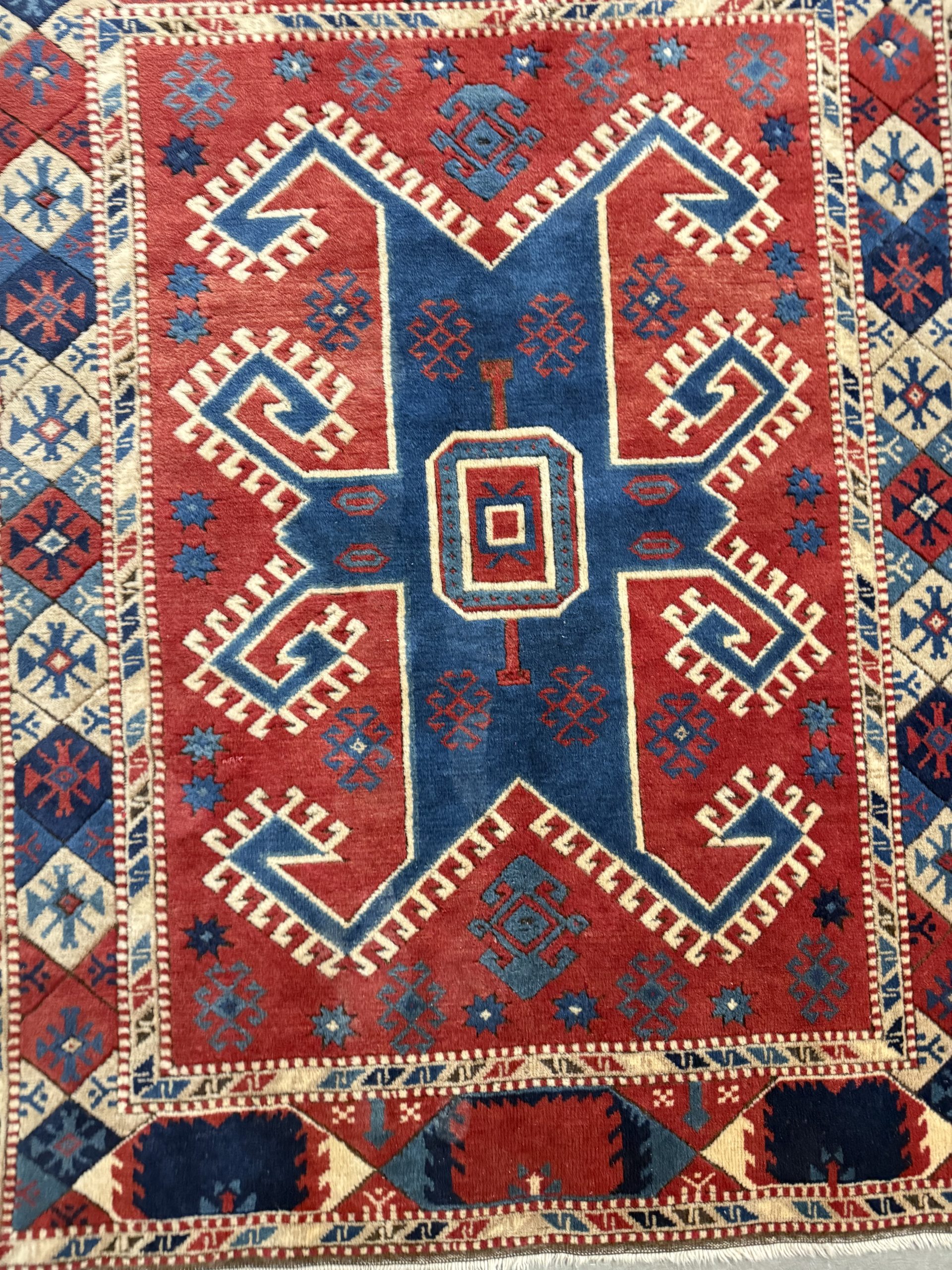 Antico tappeto turco XIX sec., lana a motivi geometrici, 170x130cm