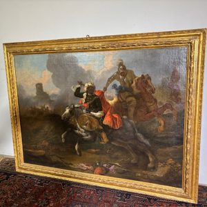 Olio su tela Jacques Courtois “ Borgognone “ Battaglia cavaliere e tamburista. Epoca XVII sec mis 147 x 105